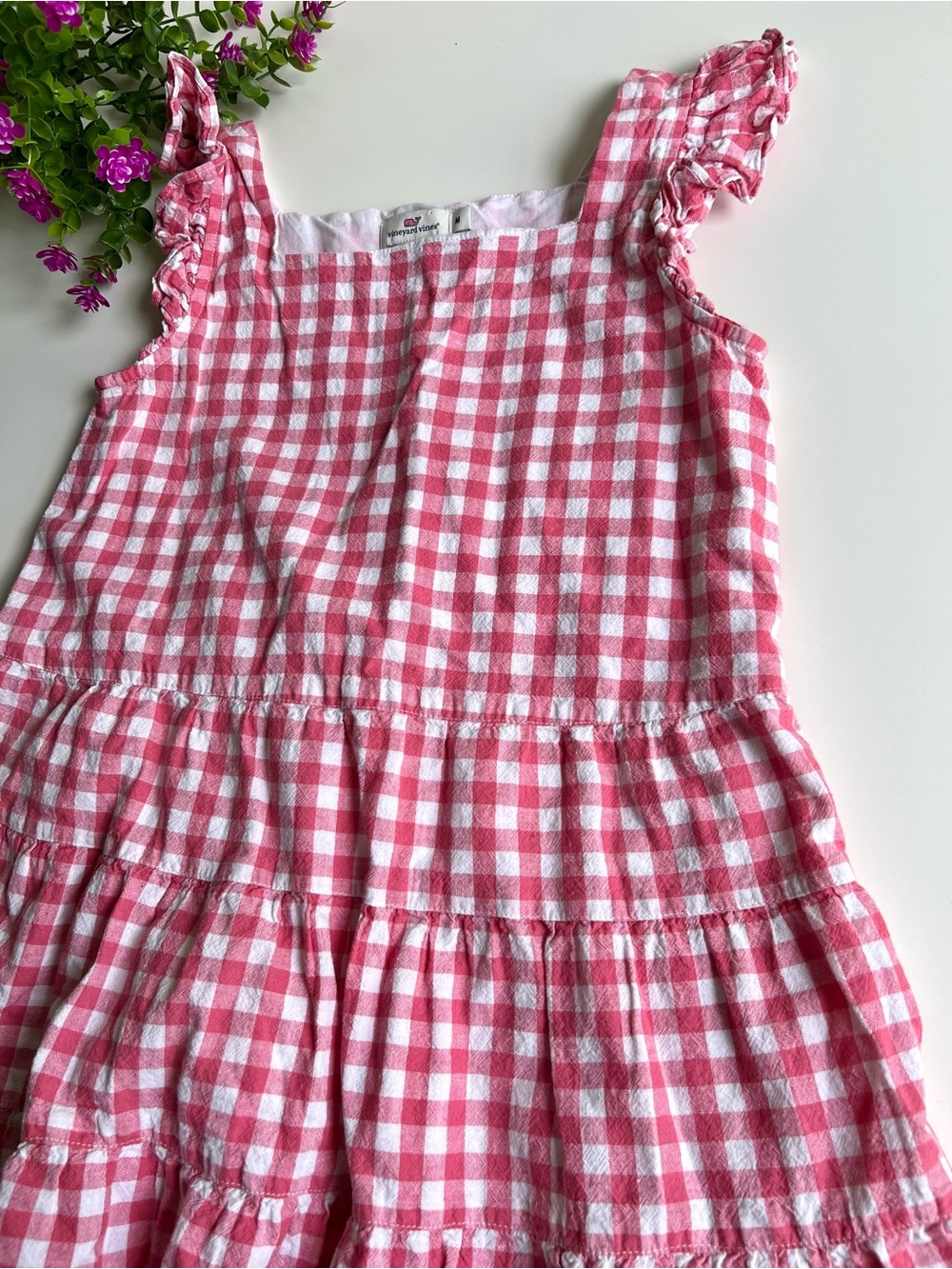 Vineyard Vines Linen/Cotton Pink Plaid Girly Cottagecore Tiered Ruffle Dress
